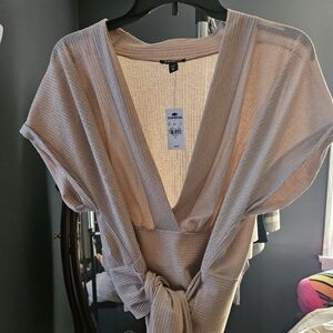 Express Beige V-Neck Tie-Front Blouse